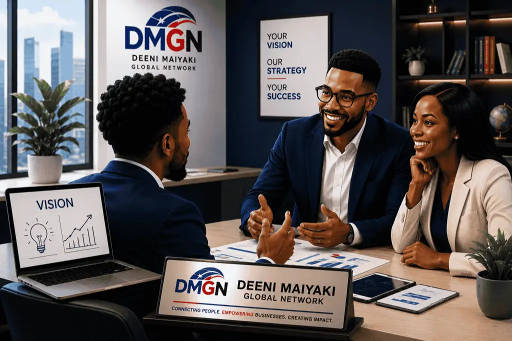 A DMGN consultation in progress — three people in discussion in front of a wall reading “Your vision, our strategy, your success”.