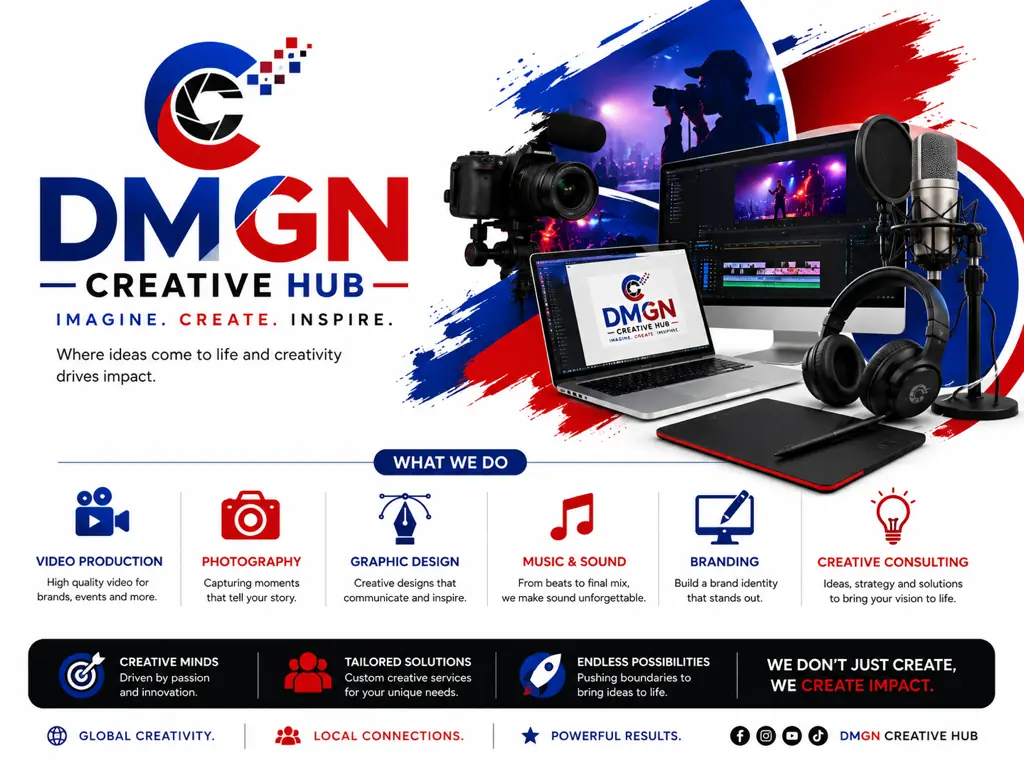 DMGN Creative Hub key visual showing camera, laptop and headphones with the capability list: video production, photography, graphic design, music and sound, branding.