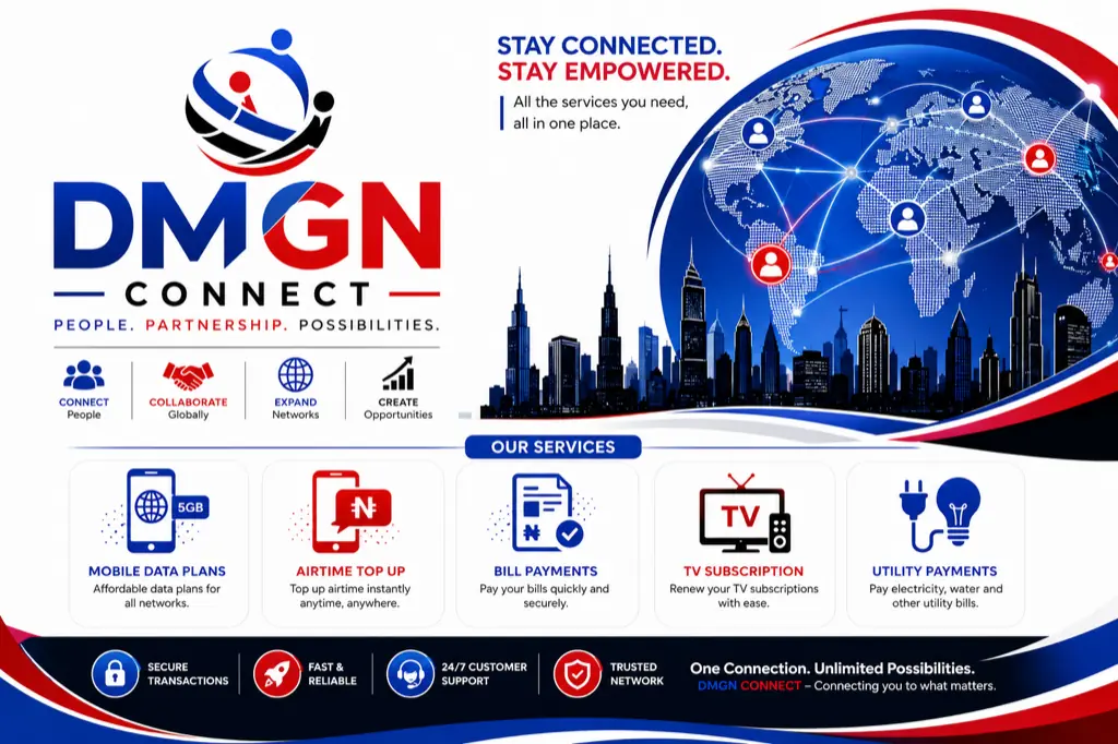 DMGN Connect key visual with the line “Stay connected. Stay empowered.” above a services row: mobile data plans, airtime top-up, bill payments, TV subscriptions and utility payments.