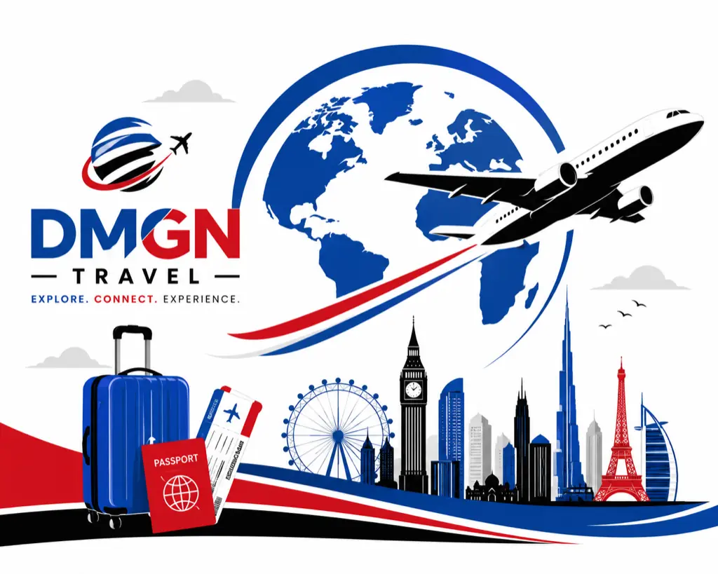 DMGN Travel identity with the strapline “Explore. Connect. Experience.” set against a world map, aircraft and city landmarks.