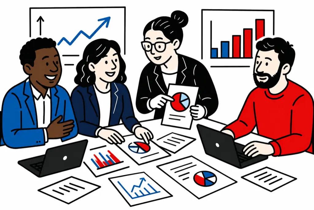 Editorial illustration of a team reviewing charts and reports together.