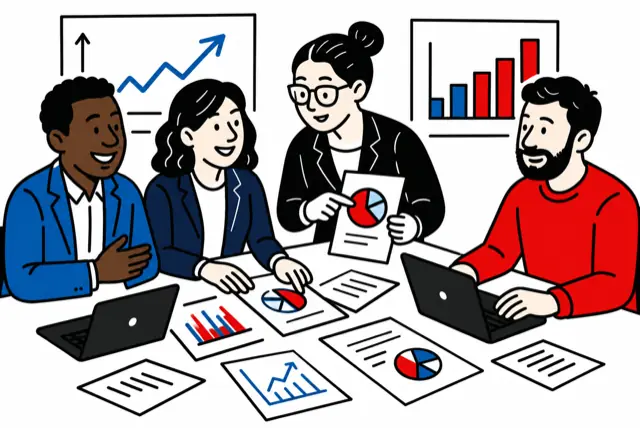 Editorial illustration of a team reviewing charts and reports together.