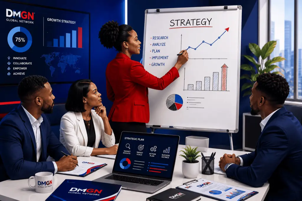 Growth strategy campaign visual — a facilitator presenting a research, analyse, plan, implement, grow framework to a seated team.