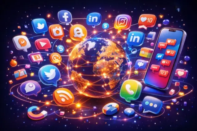 Illustration of a connected global social and messaging network.