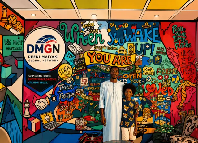 Two people standing in front of a DMGN community mural in Minna.