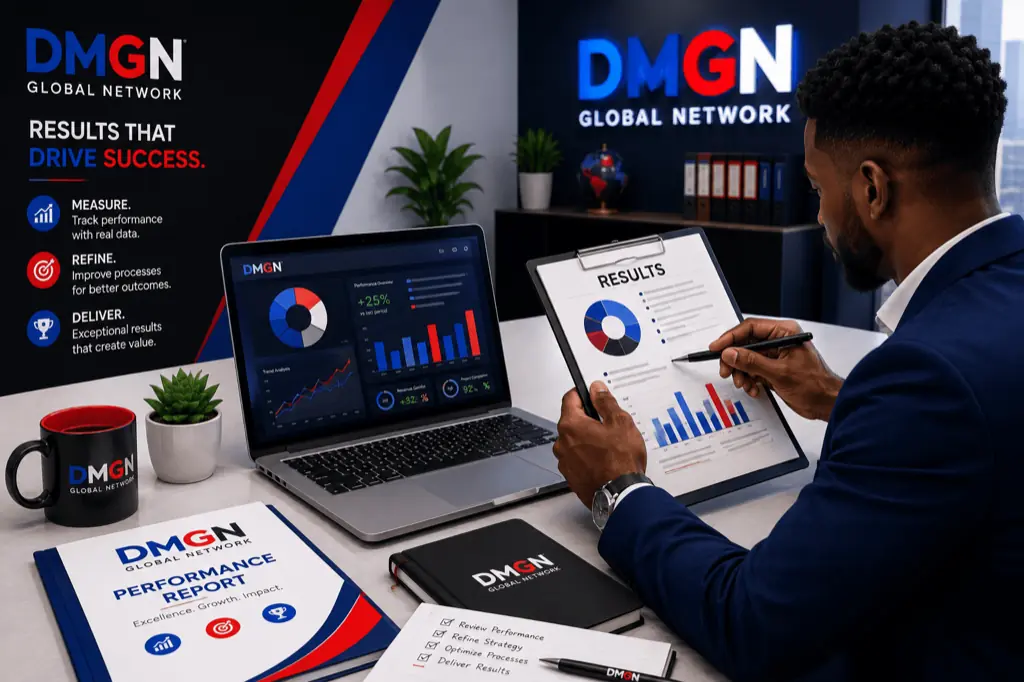 DMGN Global Network collateral — a printed performance report, branded notebook and mug set out on a desk beside a laptop dashboard.
